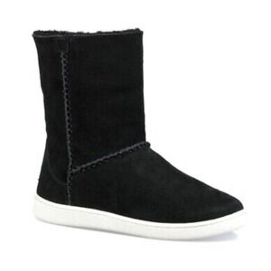 UGG Mika‎ Faux Shearling Cuff Suede Boots Ankle Booties Black Logo Size 8